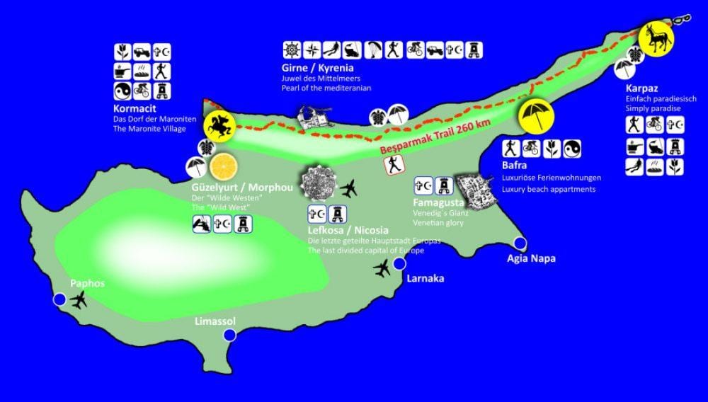 Chypre sentiers de randonnée de la carte